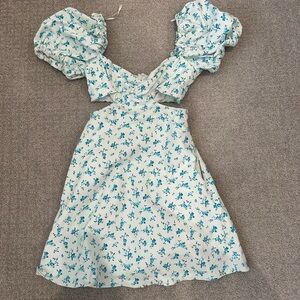 Zara Cream Mini Dress with Blue Floral Print and Puff Sleeves